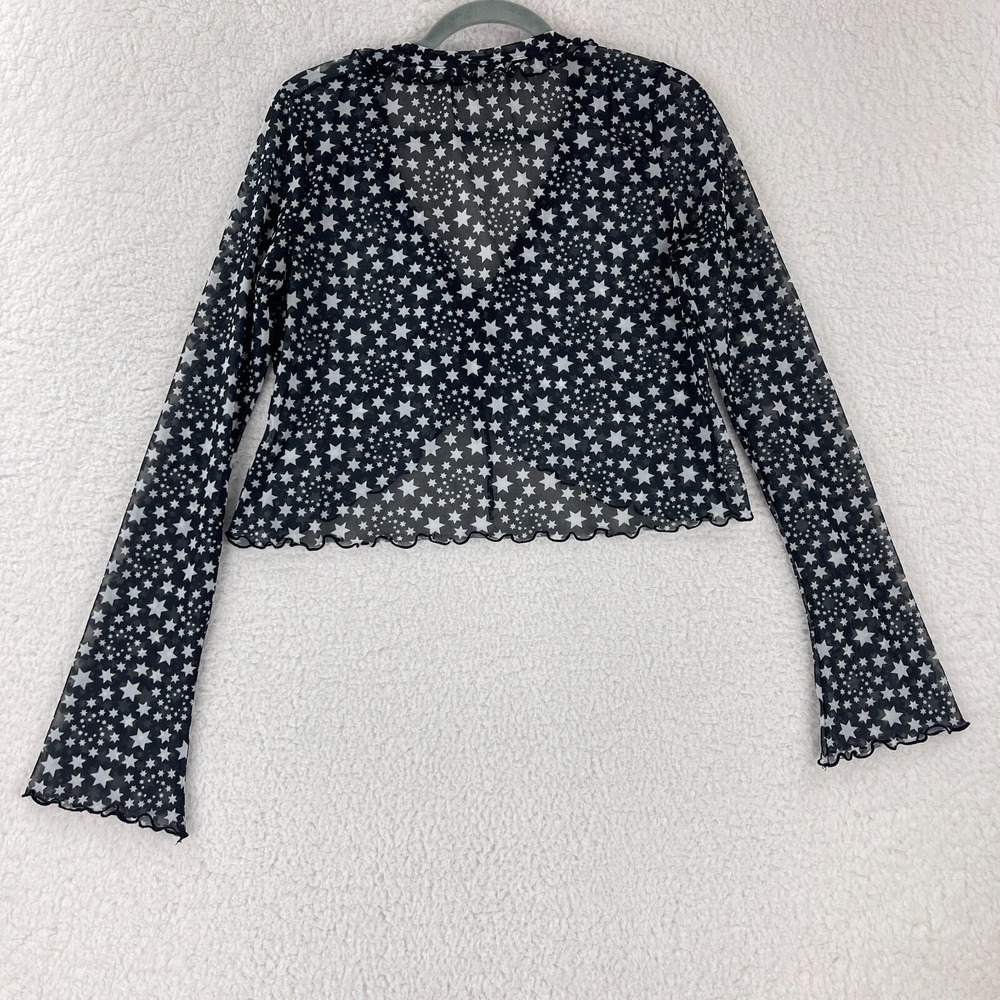 Free People Marni Sheer Top Womens Medium Black White Star Print Long Sleeve Tie - Picture 11 of 12
